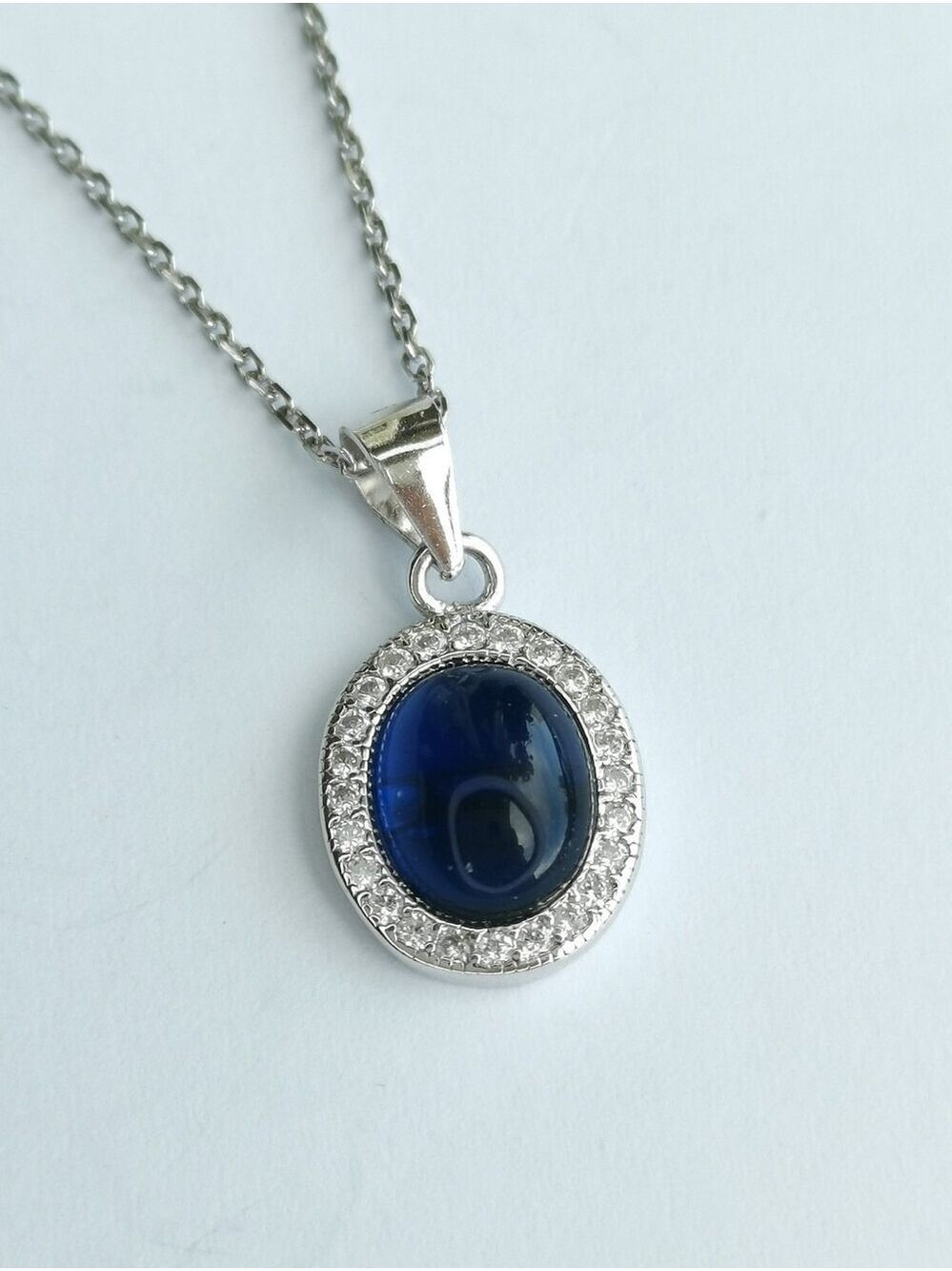 Lab Created Blue Sapphire Cabochon CZ Halo pendant necklace Sterling Silver 🆕